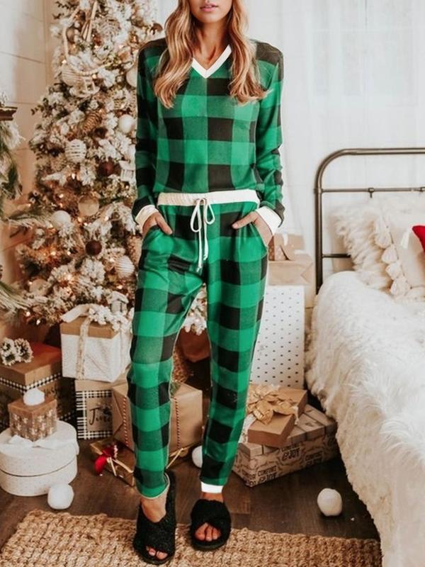 Women's Christmas Plaid Print V Neck Tee & Elastic Waist Pants Flannelette Loungewear Two-piece Set, Casual Comfy Long Sleeve Top & Tie Front Trousers Pj Set,  Lounge Set for Women, Ladies Sleepwear for Spring & Fall