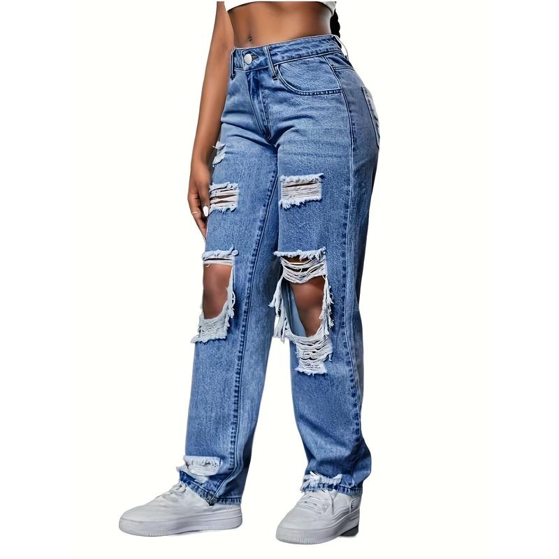 Stretch Slant Pocket Ripped Women's Jeans, High Waist Design Women's Fashion Ripped Jeans, Women's Imitation Old Ripped Jeans, High Waist Vintage Jeans, Street Fashion With Pockets Casual Loose Version Of Trousers