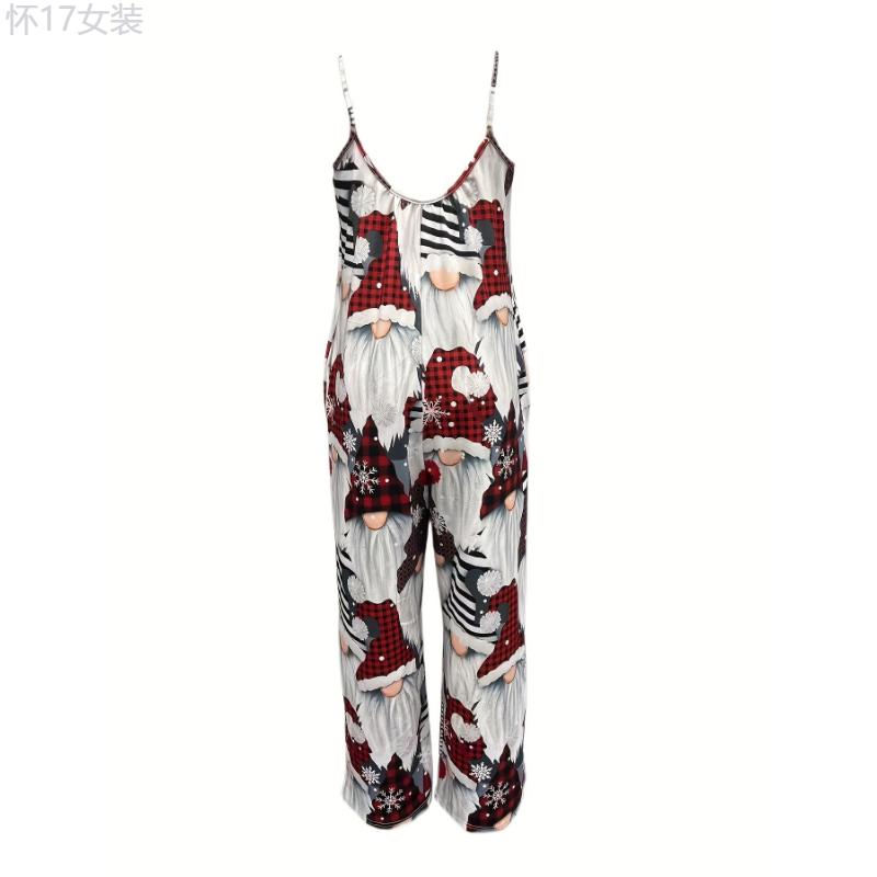 Festive Santa Print Jumpsuit for Women - Sleeveless Wide-Leg Romper with Pockets, Soft Polyester Knit Fabric, Casual Style, Adult Size, Perfect for Christmas Party, Holiday Gathering, and Winter Season Womenswear Collar Womenswear Collar