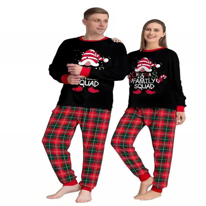 Couple Christmas print long sleeve sleep Tee & jogger pants pajama two-piece set, casual comfy round neck top & elastic waist trousers matching pajamas PJ set, Christmas pajamas, couple's sleepwear & loungewear