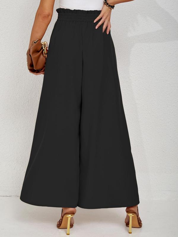  Solid Drawstring Waist Wide Leg Pants, Elegant Pocket Tie Front Trousers for Work Office Business, Pants for Women, Women's Bottoms for Fall & Winter, Fall Outfits, Fallfreshness