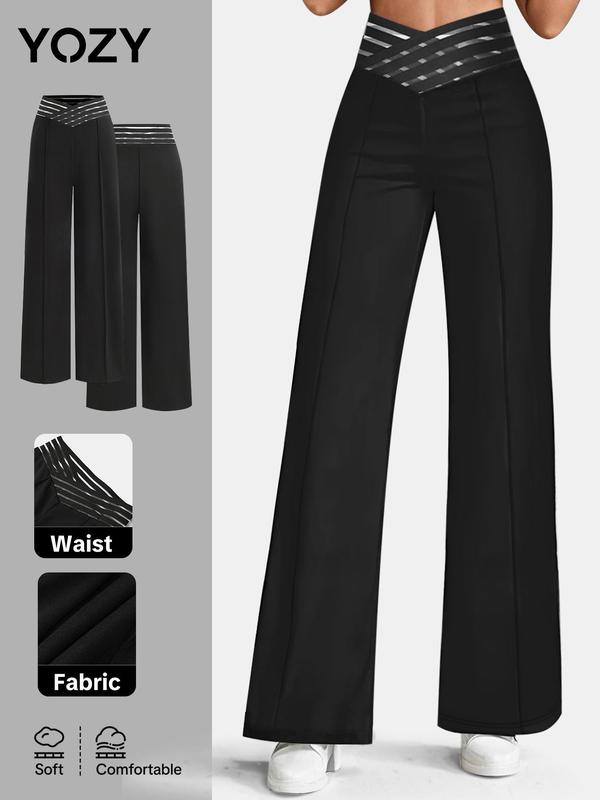 YOZY Women's Contrast Mesh High Waist Straight Leg Pants, Elegant Comfy Trousers for Work Office Business, Ladies Bottoms for All Seasons