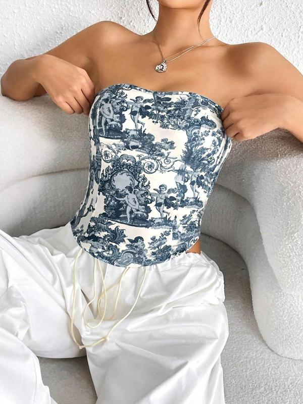 Women's Floral & Figure Print Asymmetrical Hem Tube Top, Casual Sleeveless Backless Top for Summer, Fashion Women's Top for Daily Wear