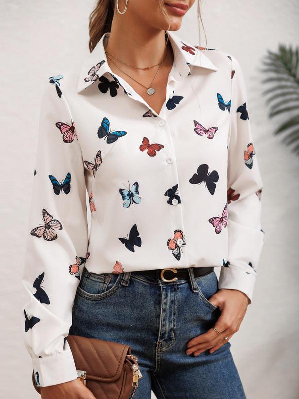 Women's Butterfly Print Button Front Shirt, Casual Long Sleeve Collared Top for Daily Wear, Ladies Clothes for All Seasons