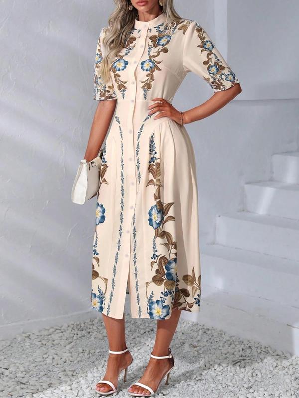 Women's Floral Print Button Front Vintage Dress, Elegant Stand Collar Puff Sleeve A Line Dress, Ladies Clothes For Vacation Holiday Wedding Guest