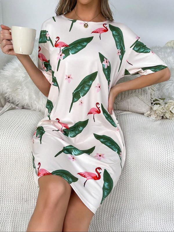 Women's Flamingo & Leaf Print Nightdress, Casual Soft Comfortable Short Sleeve Round Neck Nightgown for All Seasons, Ladies Sleepwear for Home Wear