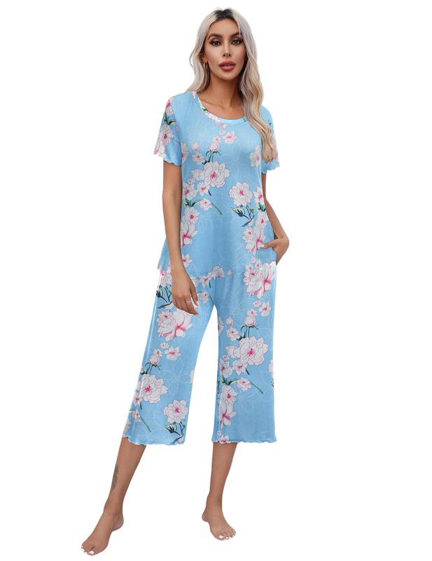 Ekouaer women's pajama set with short sleeved top and cropped pants Pjs casual wear and pajama set   Loungewear Nightwear Basic