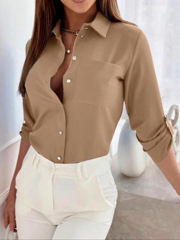 Women's Plain Button Front Shirt, Elegant Long Sleeve Collared Top for Spring & Fall, Ladies Clothes for Work Office Business