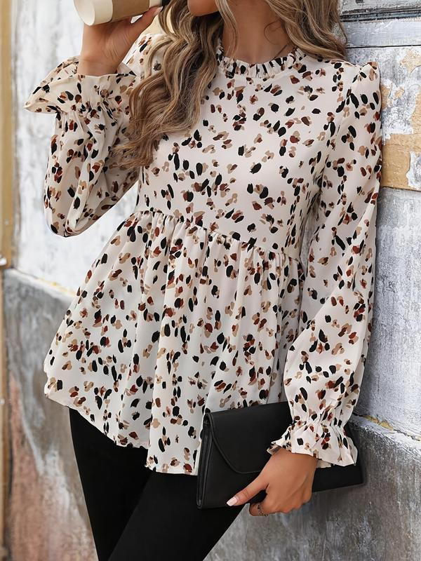 Women's Ditsy Floral Print Frill Trim Blouse, Casual Button Flounce Sleeve Top for Spring & Fall, Women's Clothing for Daily Wear