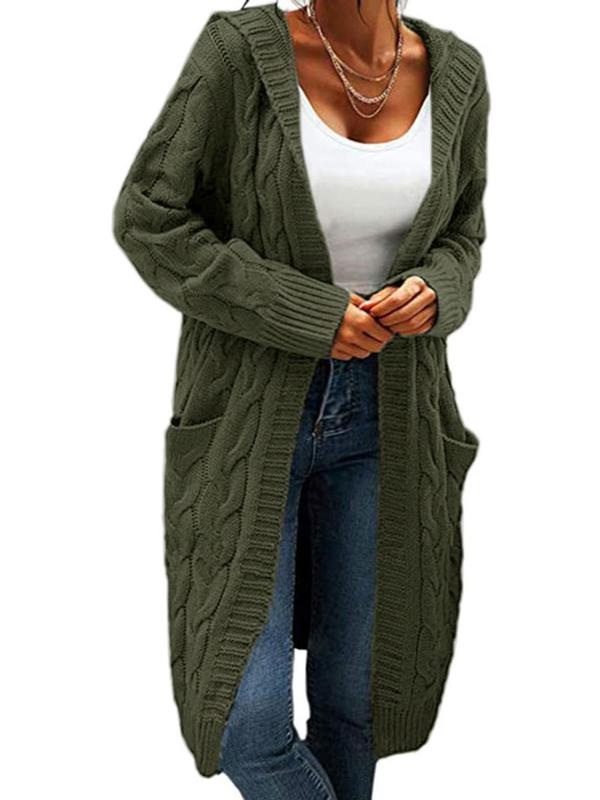  Cable Knit Pocket Hooded Cardigan, Casual Long Sleeve Open Front Knitwear for Fall & Winter, Gift Set, Cardigan for Women, Women's Clothing for Daily Wear