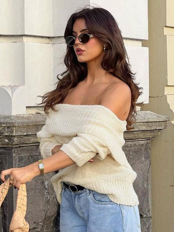 Women's Solid Off Shoulder Sweater Pullover, Casual Long Sleeve Jumper for Spring & Fall, Fashion Women's Knitwear for Daily Wear