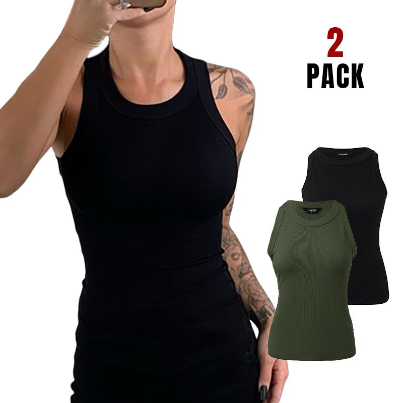 ChicMe Women's 2-Pack Round Neck Thick Strap Racerback Ribbed Tank Slim Fit Tops without Bra Pads Comfort Fabric