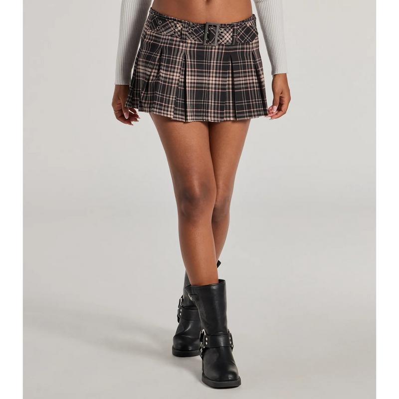 Totally Fab Belted Plaid Pleated Micro Skort