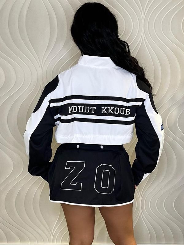 Women's Patchwork Letter & Number Print Detachable Baseball Jacket, Casual Drop Shoulder Button Front Outerwear for Spring & Fall, Ladies Clothes for Daily Wear