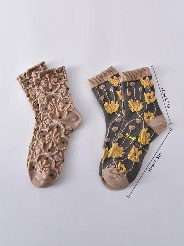 Women's Textured Floral Print Crew Neck Socks, Retro Multicolored Socks, Fashion Ladies' Fall & Winter Socks For Daily Wear