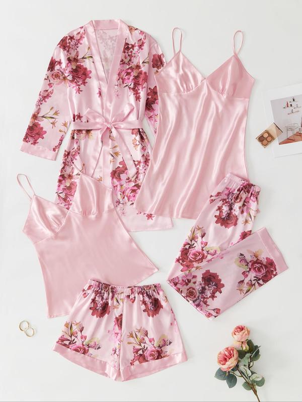 5 Piece Set Women's Satin Chic Floral & Plants Print Nightwear Pajama Set, Fall Clothes, Comfort Adjustable Strap Camisoles & Pj Pants & Shorts & Belted Lounge Robe Pjs Set, Homewear Set, Back To School Wear