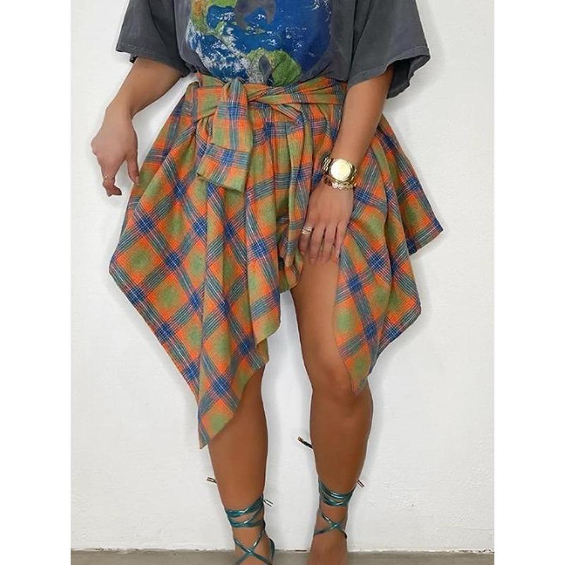 Women's Plaid Print Knot Front Skirt, Fashion Casual Asymmetrical Hem Knee Length Skirt for Daily Outdoor Wear, Women's Bottoms for Fall, Skirts for Women