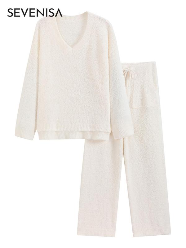 Two-Piece Set Women's Solid V Neck Long Sleeve Top & Pants Plush Pajama, Casual Comfy Top & Trousers PJ Set, Women's Sleepwear for Fall & Winter