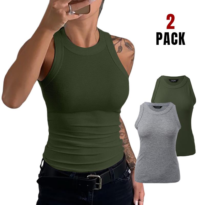 ChicMe Women's 2-Pack Round Neck Thick Strap Racerback Ribbed Tank Slim Fit Tops without Bra Pads Comfort Fabric