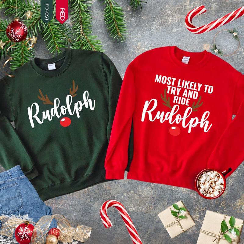 Most Likely To Try To Ride Rudolph Sweatshirt, Funny Couples Christmas Sweater, Family Christmas Matching, Husband and Wife, His And Her, Mr and Mrs