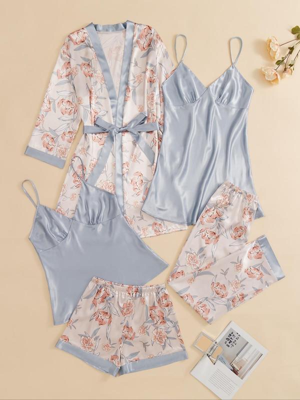 5 Piece Set Women's Satin Chic Floral & Plants Print Nightwear Pajama Set, Fall Clothes, Comfort Adjustable Strap Camisoles & Pj Pants & Shorts & Belted Lounge Robe Pjs Set, Homewear Set, Back To School Wear