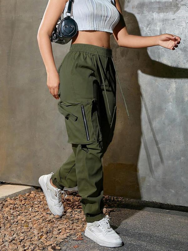 Women's Solid Pocket Drawstring Cargo Pants, Casual Streetwear Y2K Style Trousers for Daily Wear, Ladies Bottoms for All Seasons