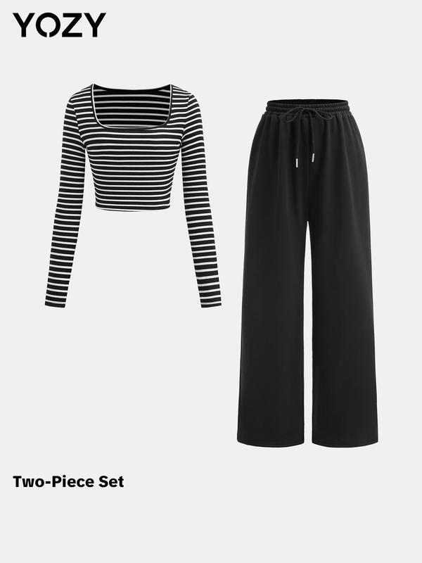 YOZY Two-Piece Set Women's Striped Print Crop Top & Wide Leg Pants Set, Casual Square Neck Long Sleeve Top & High Waist Trousers for Spring & Fall, Women's Clothes for Daily Wear