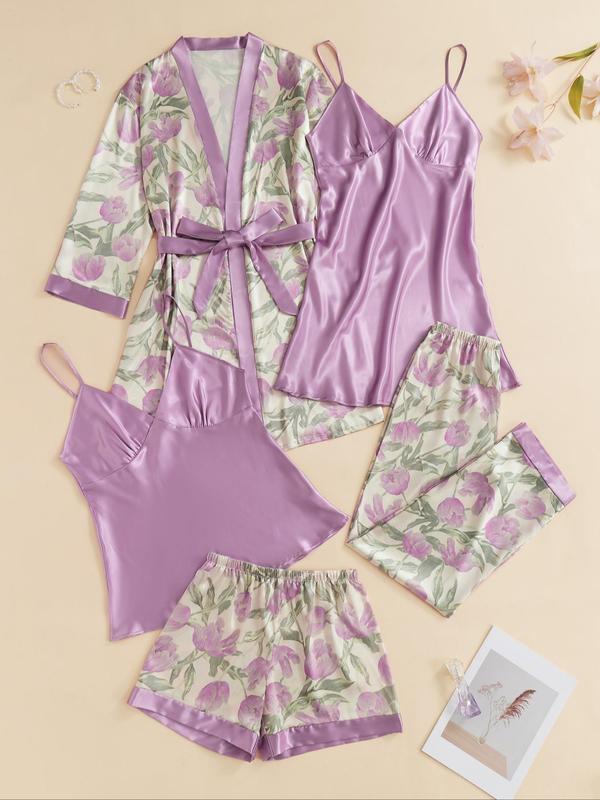 5 Piece Set Women's Satin Chic Floral & Plants Print Nightwear Pajama Set, Fall Clothes, Comfort Adjustable Strap Camisoles & Pj Pants & Shorts & Belted Lounge Robe Pjs Set, Homewear Set, Back To School Wear