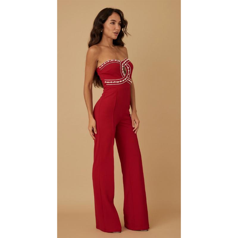 STRAPLESS ALMOND SHAPE SLIT WITH RHINESTONE TRAIN - DOUBLE CROSS OVERLAP DETAIL WITH TRAILS OF RHINESTONES woman jumpsuit