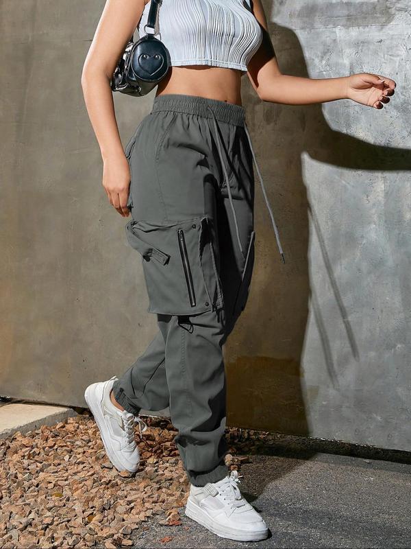 Women's Solid Pocket Drawstring Cargo Pants, Casual Streetwear Y2K Style Trousers for Daily Wear, Ladies Bottoms for All Seasons