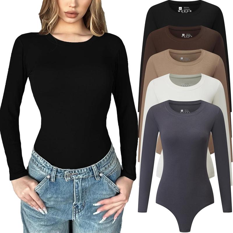 5 Pack Long Sleeve Bodysuit for Women Crew Neck Casual Stretchy Basic T Shirt Body Suits Tops