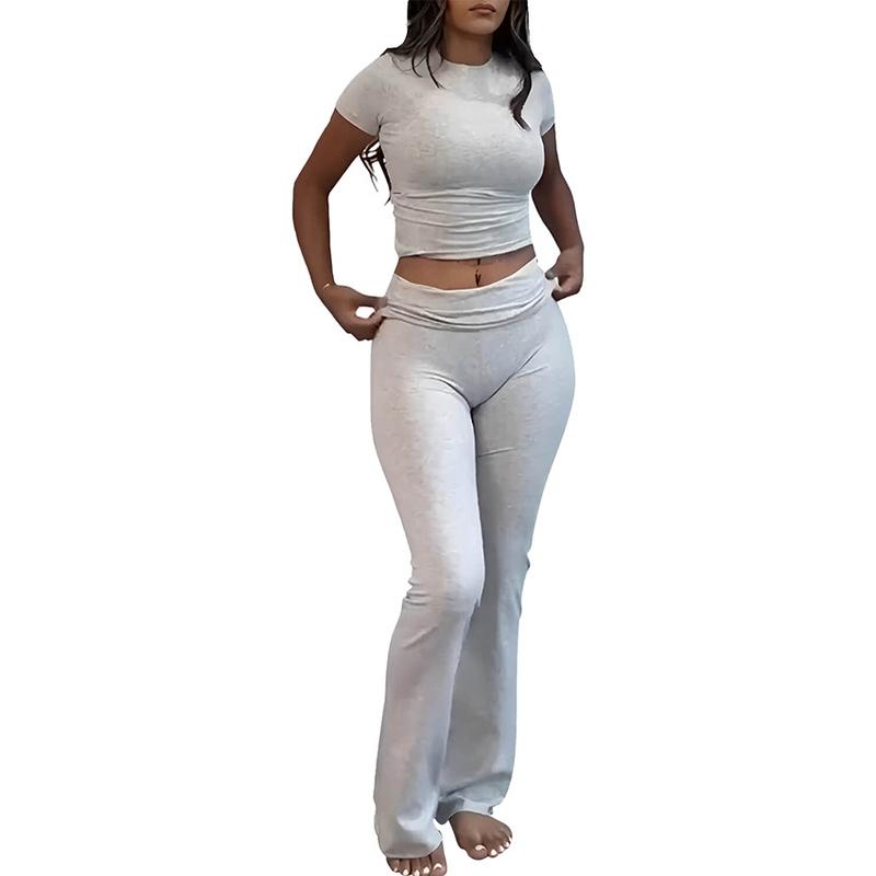 Casual Workout Women's Two-Piece Crew Neck T-shirt Low Waist Bell-Bottom Pants Sportswear Suit