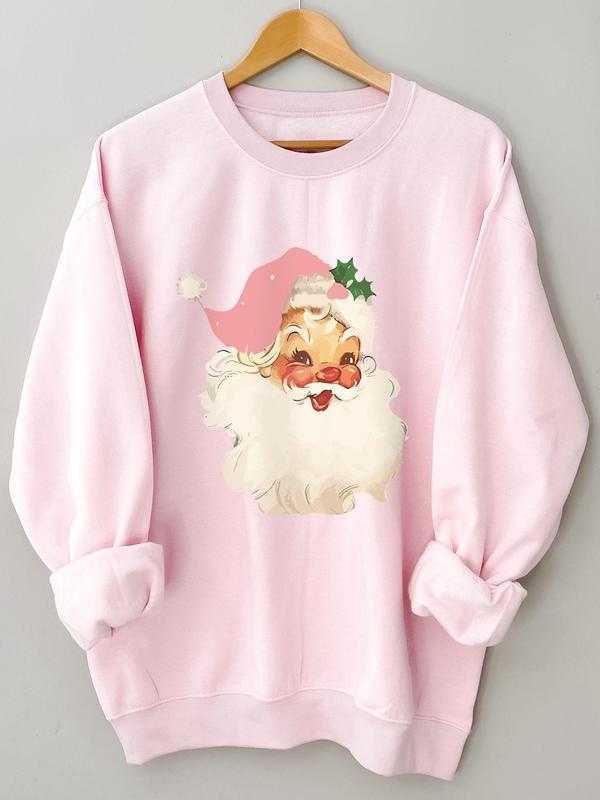 Women's Christmas Themed Santa Claus Print Drop Shoulder Sweatshirt, Casual Long Sleeve Round Neck Pullover for Fall & Winter, Ladies Clothes for Daily Wear