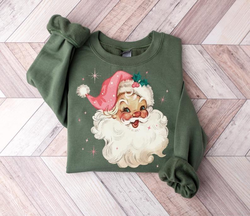 Pink Santa Retro Christmas Sweatshirts for Women Pink Christmas Matching Family Sweaters Pink Vintage Holiday Crewneck Group Party Comfort Cotton