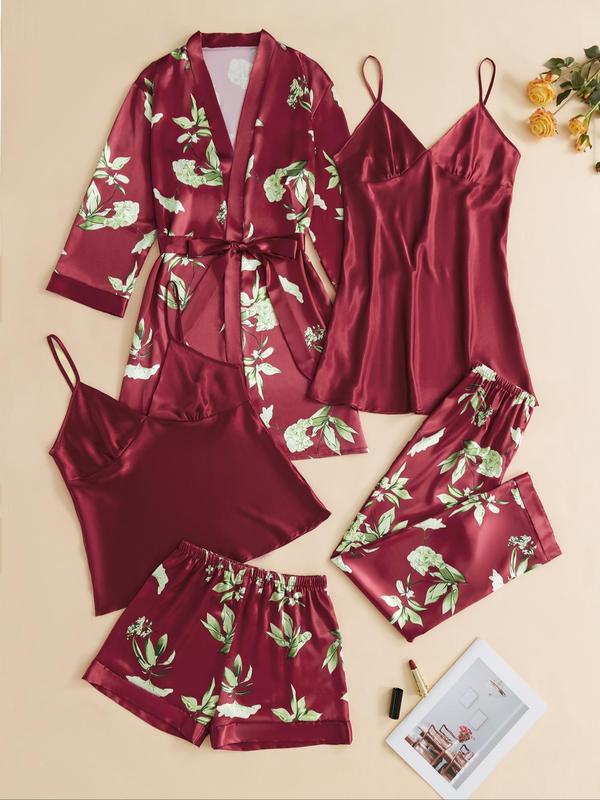 5 Piece Set Women's Satin Chic Floral & Plants Print Nightwear Pajama Set, Fall Clothes, Comfort Adjustable Strap Camisoles & Pj Pants & Shorts & Belted Lounge Robe Pjs Set, Homewear Set, Back To School Wear