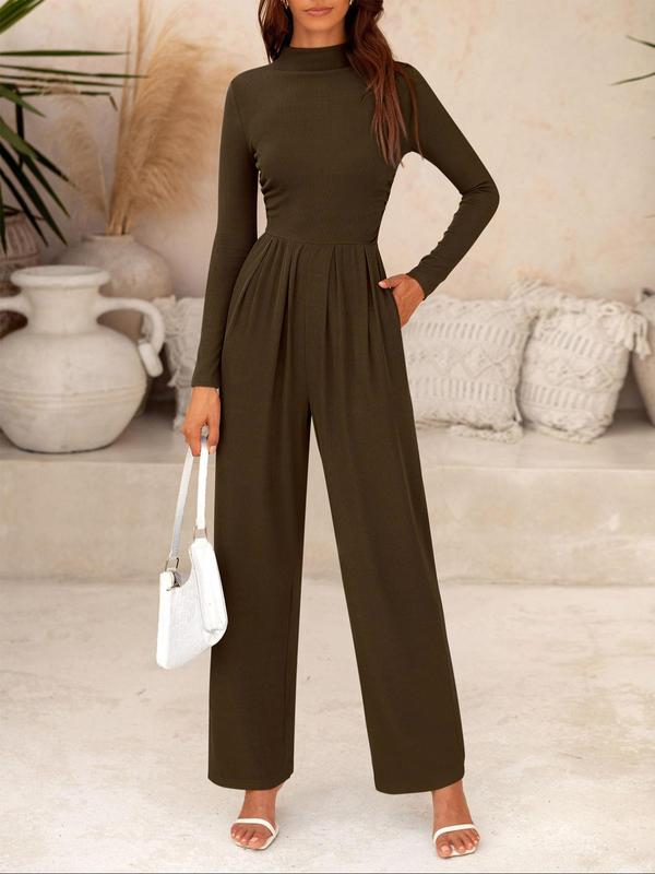 Women's Solid Zipper Back Pocket Mock Neck Wide Leg Jumpsuit, Casual Long Sleeve Plicated Ribbed Jumpsuit for Spring & Fall, Women's Clothes for Daily Wear