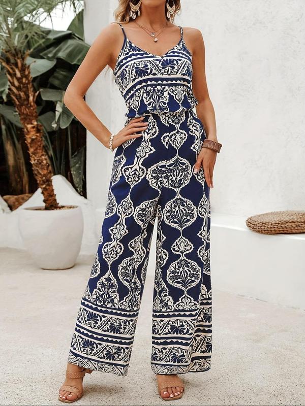 Women's Ethnic Pattern Cami Jumpsuit, Boho Fashion Adjustable Spaghetti Strap Wide Leg Jumpsuit for Beach Holiday Vacation, Ladies Summer Clothes