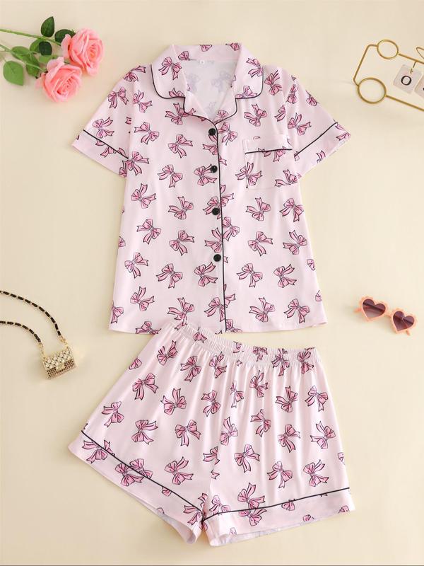 Two-Piece Set Women's All Over Bowknot Print Lapel Neck Pocket Crop Shirt & Shorts Pyjama, Elegant Comfy Short Sleeve Top & Shorts PJ Set, Ladies Sleepwear for All Seasons