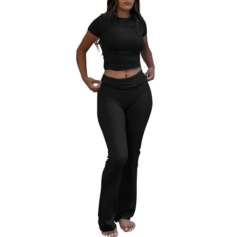 Casual Workout Women's Two-Piece Crew Neck T-shirt Low Waist Bell-Bottom Pants Sportswear Suit