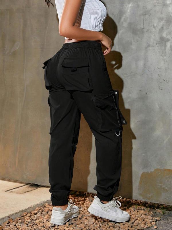 Women's Solid Pocket Drawstring Cargo Pants, Casual Streetwear Y2K Style Trousers for Daily Wear, Ladies Bottoms for All Seasons