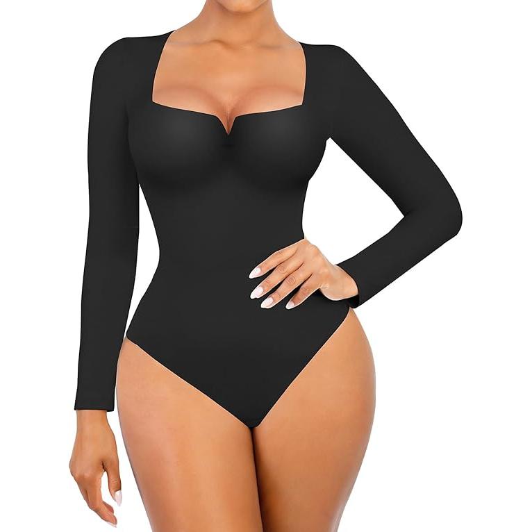 FeelinGirl Shapewear Square Neck Bodysuit for Women Long Sleeve Middle Sized Girl Bodysuits Going Out Tops Ladies Fashion  Slim Elastic Womenswear