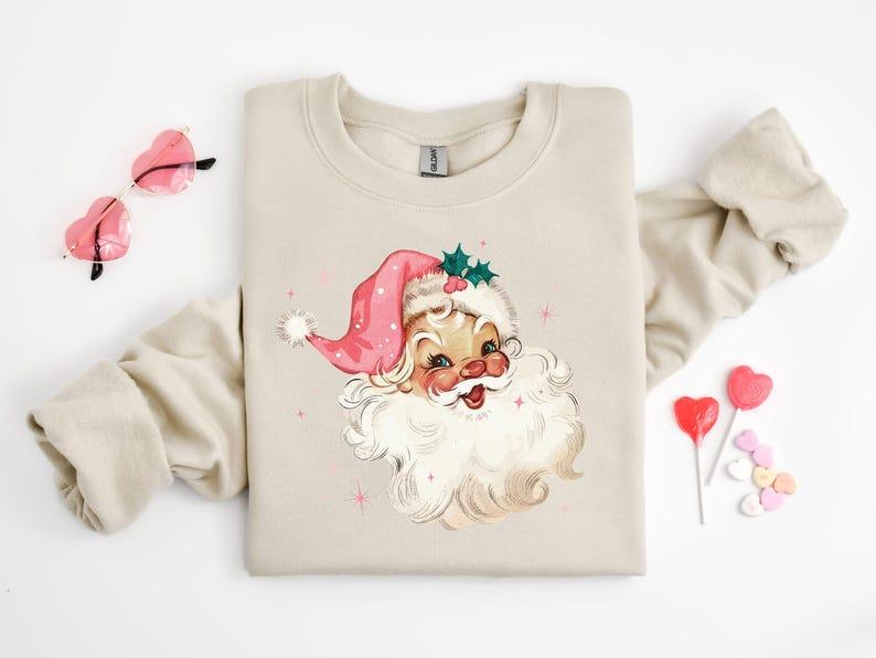 Pink Santa Retro Christmas Sweatshirts for Women Pink Christmas Matching Family Sweaters Pink Vintage Holiday Crewneck Group Party Comfort Cotton