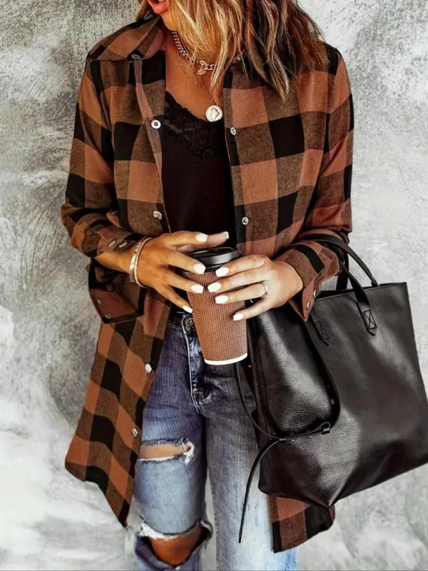 Women's Plaid Print Button Front Pocket Shirt, Casual Long Sleeve Collared Top for Spring & Fall, Women's Clothes for Daily Wear