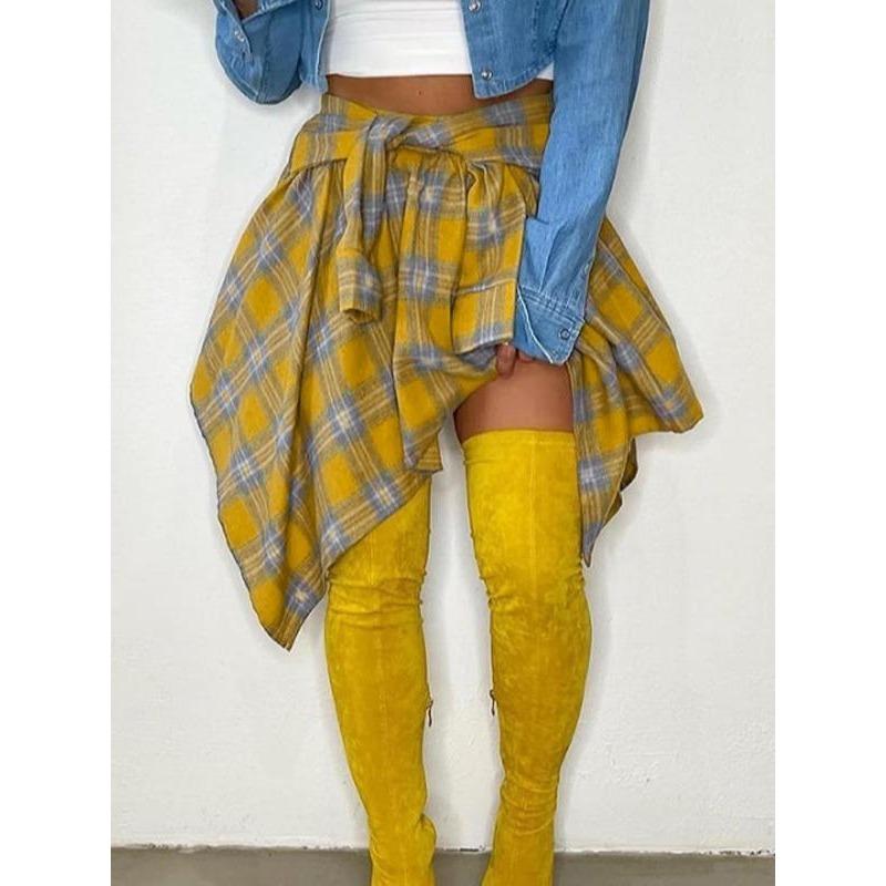 Women's Plaid Print Knot Front Skirt, Fashion Casual Asymmetrical Hem Knee Length Skirt for Daily Outdoor Wear, Women's Bottoms for Fall, Skirts for Women