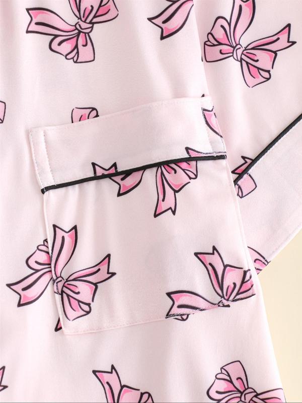 Two-Piece Set Women's All Over Bowknot Print Lapel Neck Pocket Crop Shirt & Shorts Pyjama, Elegant Comfy Short Sleeve Top & Shorts PJ Set, Ladies Sleepwear for All Seasons