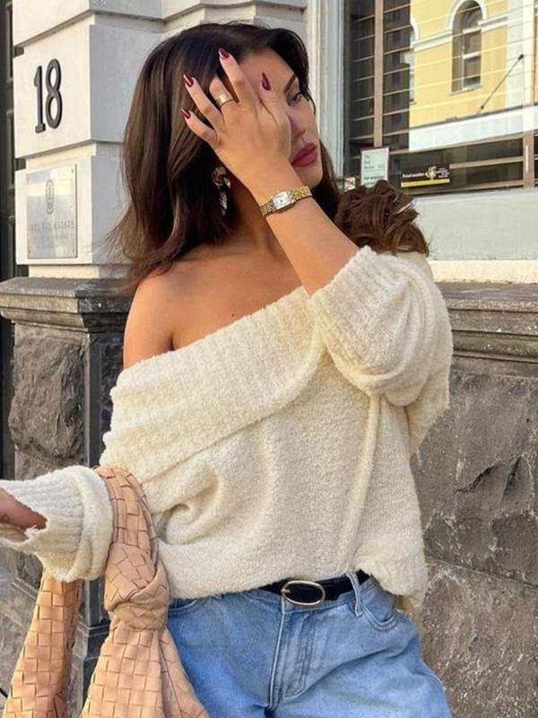 Women's Solid Off Shoulder Sweater Pullover, Casual Long Sleeve Jumper for Spring & Fall, Fashion Women's Knitwear for Daily Wear