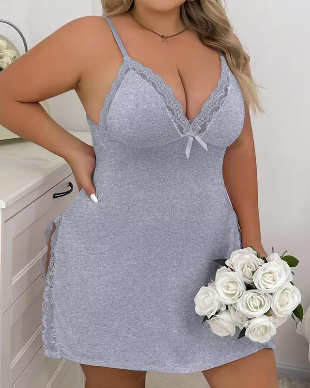 ChicMe Women's Plus Size Bowknot Decor Lace Patch Slit Sleep Dress Comfortable Fabric night gown Soft Womenswear Loungewear Nightwear Breathable lacetrim  sleep Sheer Lace Split Thigh Nightdress Lace Adjustable  Sleepwear Women's V-Neck Lace lingerie sexy