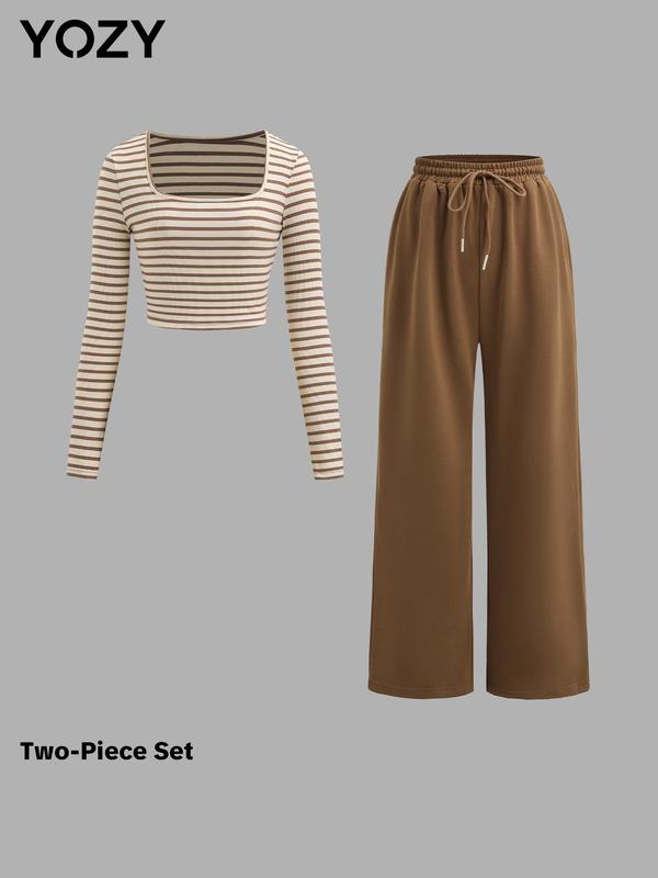 YOZY Two-Piece Set Women's Striped Print Crop Top & Wide Leg Pants Set, Casual Square Neck Long Sleeve Top & High Waist Trousers for Spring & Fall, Women's Clothes for Daily Wear