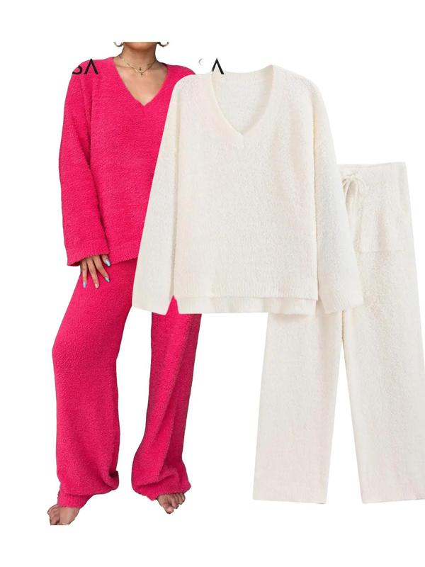 Two-Piece Set Women's Solid V Neck Long Sleeve Top & Pants Plush Pajama, Casual Comfy Top & Trousers PJ Set, Women's Sleepwear for Fall & Winter