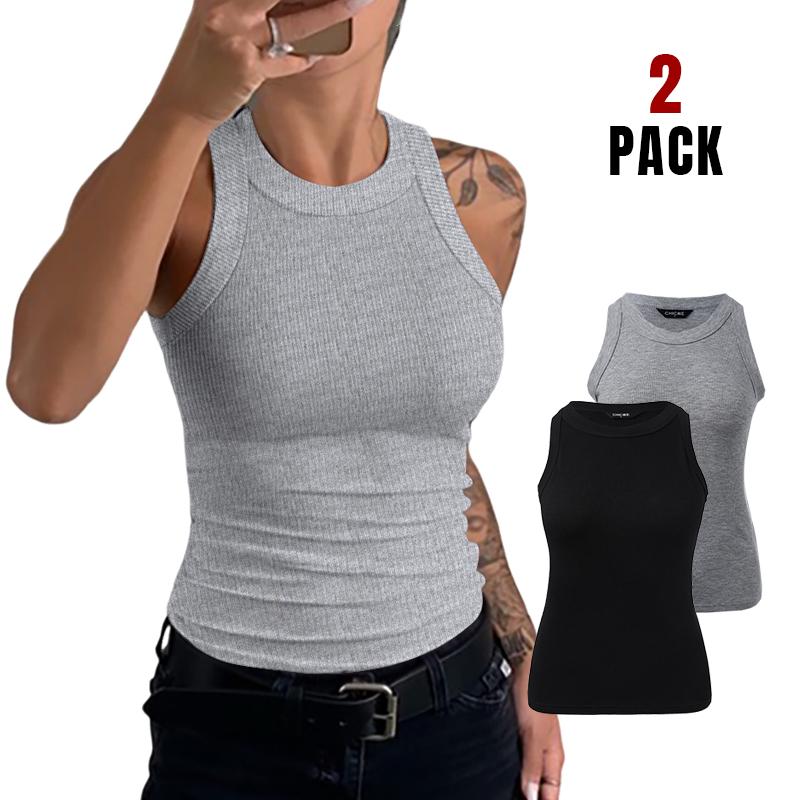 ChicMe Women's 2-Pack Round Neck Thick Strap Racerback Ribbed Tank Slim Fit Tops without Bra Pads Comfort Fabric